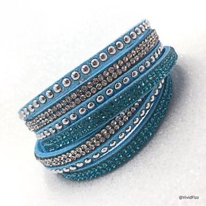 Rhinestone and Leather Wrap Bracelet, aqua